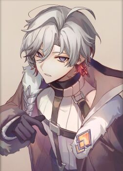 1boy absurdres black_coat black_gloves blue_eyes brown_background coat commentary_request earrings fur_trim genshin_impact gloves grey_hair hair_between_eyes highres illuga_(genshin_impact) jewelry looking_at_viewer male_focus mole mole_under_eye multicolored_hair open_clothes open_coat red_hair scar scar_on_neck short_hair simple_background solo sweater turtleneck turtleneck_sweater upper_body white_sweater yukikitune_b