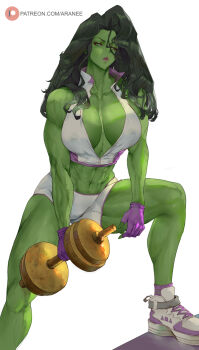 1girl abs animification araneesama breasts cleavage collar colored_skin exercising fingerless_gloves gloves green_eyes green_skin gym_shirt highres large_breasts lips marvel muscular muscular_female purple_gloves she-hulk shirt shoes skindentation sleeveless sneakers solo sports_bra sportswear thick_thighs thighs veins veiny_arms weightlifting weights