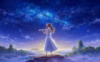 1girl above_clouds absurdres au_ito backlighting barefoot brown_hair choppy_bangs closed_eyes cloud collarbone commentary_request dress floating_clothes floating_hair flute forest hands_up highres holding holding_flute holding_instrument horizon instrument ledge long_hair milky_way music nature night original playing_flute playing_instrument rock scenery sky sleeveless sleeveless_dress solo standing star_(sky) starry_sky straight-on straight_hair sunrise valley white_dress wide_shot wind