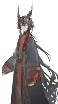 1boy absurdres ahoge alternate_costume androgynous animal_ears arknights black_coat black_hair chinese_clothes chinese_commentary chunbuchou coat commentary earrings ebenholz_(arknights) gold_earrings grey_eyes hair_between_eyes headpiece highres hoop_earrings horns jewelry long_hair looking_at_viewer low_ponytail male_focus open_clothes open_coat ponytail print_coat print_robe print_sash puffy_sleeves red_robe red_sash robe sash sleeves_past_wrists solo unkempt very_long_hair wide_sleeves