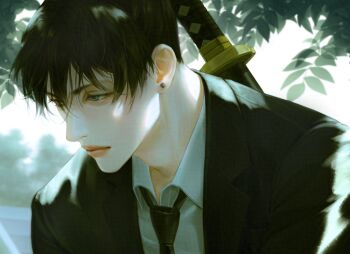 1boy black_hair black_jacket blue_eyes chainsaw_man closed_mouth commentary earrings english_commentary formal_clothes hayakawa_aki jacket jewelry seagnalis short_hair solo suit sword sword_on_back upper_body weapon weapon_on_back