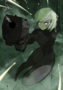 1girl absurdres aiming aiming_at_viewer antangonist black_bodysuit blue_eyes bodysuit breasts closed_mouth commentary covered_navel dynamic_pose fighting_stance foreshortening full_body green_theme gun hair_ornament hairclip handgun highres holding holding_gun holding_weapon indoors marie_(peripeteia) medium_breasts medium_hair monochrome peripeteia projectile_trail smoke smoking_barrel solo spot_color tile_floor tiles truss under_fire weapon white_hair