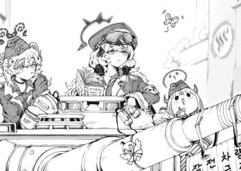 3girls absurdres armband binoculars blue_archive book bug butterfly character_request closed_mouth collared_shirt commentary_request fluffy_hair greyscale halo hat headphones highres holding holding_binoculars holding_book horns insect iroha_(blue_archive) light_blush lightningace long_sleeves loose_necktie military_hat military_vehicle monochrome motor_vehicle multiple_girls necktie on_tank outdoors peaked_cap shirt tank tiger_i translation_request wide_sleeves