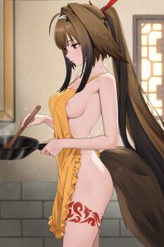Rule 34 | 1girl, absurdres, alternate hairstyle, apron, body markings, breasts, brown hair, clip studio paint (medium), closed mouth, commentary, cooking, english commentary, from side, hair flaps, hair intakes, hairband, hickey, highres, holding pan, horse tail, indoors, ir who, light smile, long hair, medium breasts, naked apron, nipple slip, nipples, ponytail, red eyes, sideboob, solo, tail, white hairband, ye shunguang, zenless zone zero