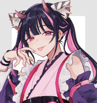 Rule 34 | 1boy, animal ears, blush, bracelet, cho kaguya-hime!, crossdressing, crossdressing (mtf), detached sleeves, horns, jewelry, komazawa noi, long sleeves, looking at viewer, male focus, multicolored hair, pink eyes, solo, tongue, trap, twintails, user tptx5774, white background