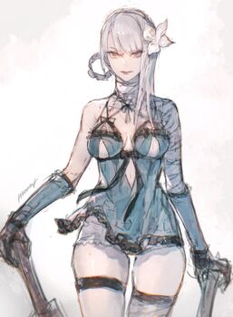 Rule 34 | 1girl, artist name, bandaged arm, bandaged leg, bandaged neck, bandages, blue negligee, blue sleeves, blunt bangs, braid, braided hair rings, breasts, brown eyes, cleavage, closed mouth, cowboy shot, detached sleeves, dual wielding, flower, grey hair, hair flower, hair ornament, hair rings, highres, holding, kaine (nier), looking at viewer, medium breasts, moony (mogmogmelt), nier (series), panties, parted bangs, single sidelock, solo, thigh gap, thigh strap, underwear, white flower, white panties