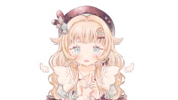 1girl 1other beret black_bow black_hat blonde_hair blue_eyes blue_nails blue_streaks blush bow check_copyright commentary_request commission copyright_request crying crying_with_eyes_open hair_bow hair_flaps hair_ornament hairclip hat highres indie_virtual_youtuber long_hair looking_at_viewer multicolored_hair nail_polish nishiki_ciao official_art open_mouth parallel_hairclips pov pov_hands puffy_short_sleeves puffy_sleeves ryokuno_green short_sleeves sidelocks simple_background sparkle streaked_hair tears upper_body virtual_youtuber white_background wing_hair_ornament