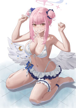 1girl absurdres bare_shoulders barefoot bikini blue_archive blunt_bangs breasts brown_eyes cleavage collarbone double_bun feathered_wings frilled_bikini frilled_thigh_strap frills grin hair_bun hair_ribbon halo highres large_breasts long_hair looking_at_viewer low_wings mika_(blue_archive) navel pink_hair pink_halo ribbon scrunchie sitting smile solo sunai swimsuit thigh_strap thighs wariza white_bikini white_wings wings