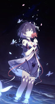 1girl absurdres ahoge blue_dress blue_eyes blue_hair breasts bug butterfly chest_tattoo chinese_commentary commentary_request darkworldsss dress flower highres holding holding_flower honkai_(series) honkai_impact_3rd insect looking_at_viewer medium_breasts night outdoors red_flower seele_vollerei seele_vollerei_(swallowtail_phantasm) sky solo star_(sky) starry_sky tattoo wading