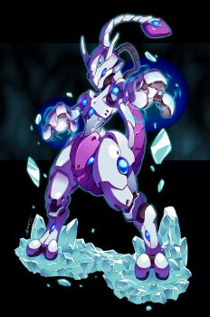 artist_name aura black_background blue_eyes full_body gen_1_pokemon highres ice legendary_pokemon looking_at_viewer mecha mechanization mewtwo nintendo pokemon robot standing tomycase
