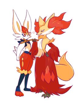 ambiguous_gender animal_ears blush cinderace claws delphox fox_ears fox_tail furry gen_6_pokemon gen_8_pokemon heart holding inoshikachou licking licking_lips nintendo orange_eyes pokemon pokemon_(creature) rabbit_ears rabbit_tail simple_background smile standing stick sweat tail tongue tongue_out white_background white_fur yellow_fur