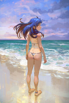 1girl ankleband ass back beach bikini brown_eyes butt_crack cloud cloudy_sky dark-skinned_female dark_skin from_behind full_body ijiranaide_nagatoro-san long_hair looking_back nagatoro_hayase sky solo standing swimsuit yugen99