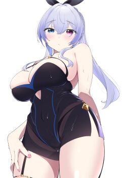 Rule 34 | 1girl, absurdres, bare shoulders, black ribbon, black swim trunks, blue eyes, blush, breasts, cleavage, clothing cutout, cross, cross-shaped pupils, cross hair ornament, dress, embarrassed, grey hair, hair ornament, hair ribbon, heterochromia, highleg, highres, inverted cross, large breasts, long hair, looking at viewer, mattyazuki, neo-porte, one-piece swimsuit, pink eyes, ribbon, sagging breasts, see-through clothes, see-through shorts, shorts, side slit, side slit shorts, skindentation, solo, strapless, strapless dress, swimsuit, symbol-shaped pupils, tentei forte, thighs, virtual youtuber, wet