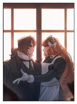 1boy 1girl absurdres alternate_costume apron backlighting bags_under_eyes beard_stubble black_bow black_bowtie black_coat black_dress black_gloves black_necktie black_ribbon black_suit black_vest blurry blurry_foreground bow bowtie brown_eyes brown_hair clenched_teeth closed_mouth coat collared_shirt contrast_collar dress eye_contact facial_hair formal_clothes frilled_headdress frills from_side frown gloves gregor_(project_moon) hair_bow highres indoors ishmael_(project_moon) juliet_sleeves light_particles limbus_company long_hair long_sleeves looking_at_another low_ponytail maid maid_apron maid_headdress male_focus neck_ribbon necktie open_clothes orange_eyes orange_hair parted_lips ponytail profile project_moon puffy_long_sleeves puffy_sleeves ribbon shirt sidelocks simple_background smile standing stubble suit sunlight teeth upper_body very_long_hair vest white_apron white_bow white_gloves white_shirt window wing_collar wuthering_heights_(identity)_(project_moon)