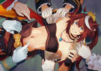 Rule 34 | 5girls, :d, absurdres, animal ears, artist name, bandeau, belt, black belt, blue eyes, bracelet, brown bandeau, brown hair, clothes grab, collarbone, cropped jacket, ear ornament, gloves, grin, highres, horse ears, horse girl, jacket, jewelry, long hair, long sleeves, looking at viewer, mejiro mcqueen (end of the skies) (umamusume), mejiro mcqueen (frontline elegance) (umamusume), mejiro mcqueen (ripple fairlady) (umamusume), mejiro mcqueen (umamusume), multicolored hair, multiple girls, multiple persona, navel, necklace, nice nature (poinsettia ribbon) (umamusume), nice nature (umamusume), open mouth, red jacket, red shorts, shorts, signature, smile, stomach, streaked hair, tapeanna, tokai teio (beyond the horizon) (umamusume), tokai teio (umamusume), two-tone hair, umamusume, white gloves, white hair