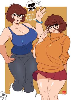 1boy 1girl artist_self-insert breasts brown_hair cleavage commentary cosplay covered_erect_nipples covered_navel english_commentary english_text glasses highres large_breasts look-alike looking_down mei_(overwatch) mei_(overwatch)_(cosplay) miniskirt multiple_views orange_sweater original overwatch plump red_skirt robot scooby-doo short_hair skirt snowball_(overwatch) snowcie snowciel_(snowcie) sweater tank_top velma_dinkley velma_dinkley_(cosplay) waving wind wind_lift