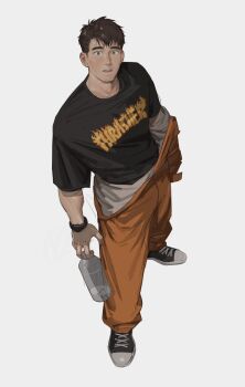 1boy artbyshinji black_shirt bottle brown_eyes brown_hair commentary converse crew_neck english_commentary highres holding holding_bottle jumpsuit jumpsuit_partially_removed looking_at_viewer male_focus orange_jumpsuit original parted_lips print_shirt shirt shoelaces shoes short_hair simple_background solo standing t-shirt watch water_bottle white_background wristwatch