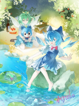 2girls absurdres ascot bad_link barefoot blue_eyes bow cake cirno daiyousei fairy_wings food fumo_(doll) green_hair hair_bow highres ice ice_wings multiple_girls picnic_basket short_hair touhou wings yellow_ascot yellow_bow