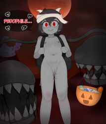 1girl absurdres aerd backpack bag black_hair candy cellien_(kemono_friends) colored_skin condom cosplay demon_girl drooling english_text flat_chest food grey_skin halloween highres horns huge_filesize inverted_nipples kaban_(kemono_friends) kemono_friends lilith_(the_binding_of_isaac) lilith_(the_binding_of_isaac)_(cosplay) loli looking_at_viewer looking_down lube moon naked_backpack night nude open_mouth pedophile pov pussy pussy_juice red_eyes saliva sharp_teeth smile speech_bubble standing talking teeth tentacles the_binding_of_isaac trick_or_treat uncensored used_condom volcano
