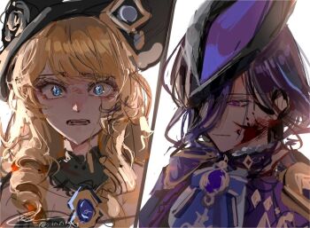 2girls ascot black_hat blonde_hair blood blood_on_face blue_eyes blue_hair clorinde_(genshin_impact) closed_mouth commentary_request corset dress drill_hair drill_sidelocks epaulettes genshin_impact hair_between_eyes hat highres innagaja korean_commentary lace-trimmed_collar lace_trim long_hair long_hair_between_eyes multiple_girls navia_(genshin_impact) purple_ascot purple_eyes sidelocks split_screen strapless strapless_dress tricorne twitter_username