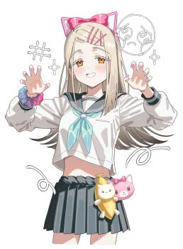 Rule 34 | 1girl, animal ear hairband, animal ears, black sailor collar, black skirt, blonde hair, blue neckerchief, blush, bow, bow hairband, breasts, cat ear hairband, cat ears, claw pose, colored eyelashes, commentary request, cowboy shot, cropped legs, earrings, emoji, fake animal ears, fingernails, flipped hair, gakuen idolmaster, gradient hair, grey hair, hair ornament, hairband, hairclip, hands up, hatsuboshi gakuen school uniform, highres, idolmaster, jewelry, long hair, long sleeves, meme, midriff, miniskirt, miracle na now! (idolmaster), multicolored hair, nail polish, neckerchief, open mouth, orange eyes, parallel hairclips, pink bow, pink nails, pleading face emoji, pleated skirt, purple nails, rudee62421, sad banana cat (meme), sailor collar, school uniform, scrunchie, serafuku, shinosawa hiro, shirt, skirt, small breasts, smile, solo, stud earrings, swept bangs, white background, white shirt, wrist scrunchie, x hair ornament