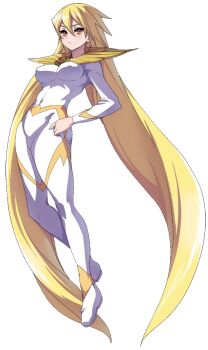 1girl akaga_hirotaka aq_interactive arcana_heart arcana_heart_3 atlus blonde_hair bodysuit covered_erect_nipples examu groin highres long_hair mildred_avallone simple_background skin_tight tagme white_background