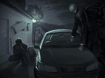 backpack bag black_gloves black_hair black_suit boarded_windows car charles_matheson clenched_hand covering_face creepypasta dark deftnm dim_lighting faceless forest formal_clothes gloves hand_on_own_face highres horror_(theme) house kneeling lamppost limited_palette motor_vehicle nature night short_hair slender_man suit tentacles tree wanted_poster