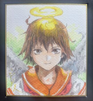 Rule 34 | 1girl, abe yoshitoshi, angel, angel wings, brown eyes, brown hair, commentary request, dress, haibane renmei, halo, highres, painting (medium), rakka (haibane renmei), sailor dress, shikishi, short hair, smile, solo, straight-on, traditional media, upper body, watercolor (medium), wings