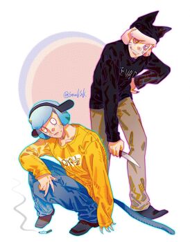 Rule 34 | 2boys, animal ears, animal hat, black eyes, black sweater, blue hair, cat hat, cigarette, facial mark, fake animal ears, fake tail, fingernails, hand on own hip, hashtag-only commentary, hat, holding, holding knife, knife, looking at viewer, male focus, multiple boys, nyen (randal&#039;s friends), nyon (randal&#039;s friends), pink hair, randal&#039;s friends, sharp fingernails, short hair, sleeves past wrists, soulsk, squatting, sweater, tail, whisker markings, white background, yellow sweater