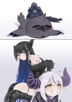 Rule 34 | 2girls, absurdres, all fours, black hair, blue hair, blush, closed mouth, crow (la+ darknesss), dalcom, drooling, highres, hololive, hololive english, horns, human chair, human furniture, jailbird (nerissa ravencroft), la+ darknesss, la+ darknesss (1st costume), long hair, mole, mole under eye, multiple girls, nerissa ravencroft, nerissa ravencroft (1st costume), parted lips, pointy ears, sitting, sitting on person, striped horns, teeth, virtual youtuber, yellow eyes, yuri