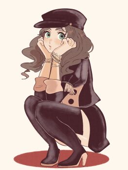 1girl absurdres armlet black_hat bracelet chimney_(chimney0311) commentary curly_hair dorothea_arnault fire_emblem fire_emblem:_three_houses full_body green_eyes hands_on_own_cheeks hands_on_own_face hat high_heels highres jewelry long_hair looking_at_viewer makeup nintendo parted_lips shadow simple_background solo thighs yellow_background