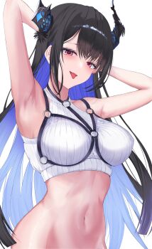 1girl absurdres armpits asymmetrical_horns bare_shoulders black_hair blue_hair bottomless breasts covered_erect_nipples cropped_sweater highres hololive hololive_english horns kaeha large_breasts multicolored_hair navel nerissa_ravencroft open_mouth simple_background solo sweater tongue tongue_out two-tone_hair uneven_horns upper_body virtual_youtuber white_background white_sweater