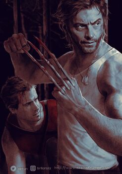 2boys arm_hair blood blood_on_face bone brilcrist brown_hair claws clenched_hands commentary deadpool dog_tags english_commentary facial_hair instagram_username looking_to_the_side male_focus marvel multiple_boys muscular muscular_male pants short_hair sleeveless tank_top teeth tumblr_username twitter_username white_tank_top wolverine_(x-men) x-men x-men_film_series x-men_origins:_wolverine