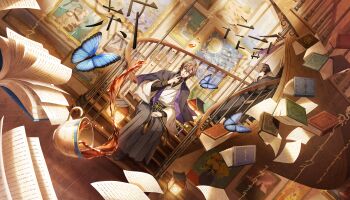 1boy antique_phone black_hakama black_pants black_shoes blue_butterfly book brown_hair bug butterfly cup dutch_angle floating floating_book floating_object full_body game_cg green_eyes hair_between_eyes hakama hakama_pants hand_on_lap hand_up highres hypnosis_mic hypnosis_mic:_dream_rap_battle hypnosis_microphone index_finger_raised insect japanese_clothes long_sleeves male_focus non-web_source official_art pants paper phone picture_frame rotary_phone shoes short_hair shosei sitting sitting_on_stairs smile solo spill spiral_staircase stairs tassel teacup too_many too_many_books wide_sleeves yumeno_gentaro