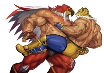 Rule 34 | 2boys, abs, absurdres, animal ears, ass, back, bara, bare pectorals, bird boy, briefs, bulge, bulge to ass, carrying, crossover, dark-skinned male, dark skin, fatal fury, feet out of frame, fingerless gloves, garou: mark of the wolves, gloves, hand on another's waist, highres, imminent anal, imminent penetration, jaguar boy, jaguar ears, jaguar tail, king (tekken), large pectorals, leggings, male focus, male underwear, multiple boys, muscular, muscular legs, muscular male, namco, nipples, pectorals, sexually suggestive, short hair, snk, stomach, tail, tekken, the king of fighters, thighs, tizoc (snk), traver009, underwear, veins, wrestling mask, wrestling outfit, yaoi
