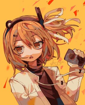 1girl adachi_rei black_sweater commentary english_commentary floating_hair hair_ornament hair_ribbon hairclip headlamp highres holding_radio jacket looking_to_the_side medium_hair netsu_ijou_(utau) one_side_up open_clothes open_jacket open_mouth orange_eyes orange_hair radio_antenna ribbon signature solo sweater treebarkagain turtleneck turtleneck_sweater utau white_jacket white_ribbon yellow_background