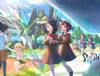 6+girls :d ann_(pokemon) ash_ketchum black_hair blonde_hair blue_eyes bonnie_(pokemon) bow bowtie brown_jacket brown_skirt clemont_(pokemon) closed_mouth commentary_request cowlick day dedenne gen_6_pokemon gen_8_pokemon gloria_(pokemon) hair_ornament hairclip jacket kutsunohito legendary_pokemon liko_(pokemon) marnie_(pokemon) morpeko morpeko_(full) multiple_girls nemona_(pokemon) nintendo open_mouth pantyhose pleated_skirt pointing pokemon pokemon_(anime) pokemon_(creature) pokemon_horizons pokemon_swsh pokemon_xy_(anime) ponytail red_bow red_bowtie running school_uniform scorbunny shirt shoes short_sleeves shorts skirt smile socks standing swept_bangs tree white_shirt yellow_bag zygarde zygarde_(complete)