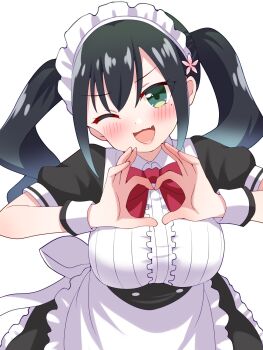 1girl ;d apron bad_girl_(manga) black_dress black_hair blush bow bowtie breasts dress flower green_eyes hair_flower hair_ornament heart heart_hands highres juliet_sleeves large_breasts long_hair long_sleeves looking_at_viewer ma_tsukasa maid maid_apron maid_headdress mole mole_under_eye one_eye_closed open_mouth puffy_sleeves red_bow red_bowtie ruriha_rura smile solo twintails