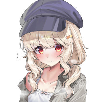 1girl absurdres aoba_(blue_archive) black_hat blonde_hair blue_archive blush camisole chinese_commentary closed_mouth coat collarbone commentary flying_sweatdrops hair_ornament hairclip hat hayamasalt highres long_hair looking_at_viewer orange_eyes portrait raised_inner_eyebrows single_bare_shoulder sweat wavy_hair white_background white_camisole