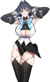&gt;:) 1girl absurdres armpits arms_up black_hair black_shirt black_skirt black_sleeves black_thighhighs blue_bow blue_bowtie blue_eyes bow bow_earrings bowtie breasts brooch cameltoe cleavage cleavage_cutout closed_mouth clothing_cutout cowboy_shot crop_top cropped_shirt detached_sleeves earrings hair_flaps hair_flip hair_intakes half-skirt hands_in_own_hair heart heart-shaped_gem heart_brooch highres hololive hololive_english huge_breasts jewelry juliet_sleeves large_breasts long_legs long_sleeves looking_at_viewer narrow_waist no_halo no_headwear ouro_kronii ouro_kronii_(1st_costume) pinstripe_pattern pinstripe_shirt pinstripe_skirt puffy_sleeves sailor_collar shirt short_hair simple_background skindentation skirt sleeveless sleeveless_shirt solo spicyyrum thick_eyebrows thick_thighs thigh_strap thighhighs thighs underboob underboob_cutout v-shaped_eyebrows virtual_youtuber white_background white_sailor_collar white_shirt wide_hips zipper