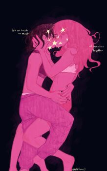 Rule 34 | 2girls, absurdres, aktana, bare arms, barefoot, black background, black bra, black hair, black nails, bra, closed eyes, commentary, english commentary, english text, hand in another's hair, hand on another's waist, hands on another's waist, highres, kininatteru hito ga otoko ja nakatta, kiss, koga mitsuki, long hair, mole, mole under eye, multiple girls, oosawa aya, pants, pink hair, short hair, shorts, sparkle, sports bra, twitter username, underwear, white bra, yuri
