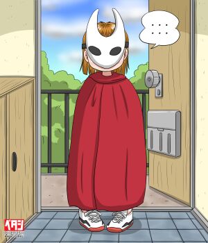 ... 1girl brown_hair cloak cloud cosplay door doorway halloween halloween_costume hollow_knight hollow_knight:_silksong hornet_(hollow_knight) hornet_(hollow_knight)_(cosplay) looking_at_viewer marup original railing red_cloak shoes short_hair sky sneakers speech_bubble spoken_ellipsis standing tree white_mask white_shoes