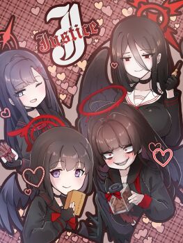 Rule 34 | 4girls, absurdres, black choker, black gloves, black hair, black nails, blood, blood halo, blue archive, breasts, chocolate, choker, commentary request, fangs, feathered wings, fingerless gloves, food, gloves, grey eyes, hair ornament, halo, happy valentine, hasumi (blue archive), heart, highres, holding, holding chocolate, holding food, ichika (blue archive), justice task force (blue archive), komena (shinyday312), large breasts, liquid halo, long hair, low wings, mashiro (blue archive), mole, mole under eye, multiple girls, nail polish, one eye closed, open mouth, purple eyes, red eyes, red halo, smile, tsurugi (blue archive), wings