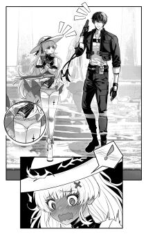 ! 1boy 1girl @_@ absurdres blush book closed_eyes clothes_lift collared_jacket commentary embarrassed greyscale hand_up hat highres holding holding_book jacket lace lace-trimmed_panties lace_trim long_hair looking_at_another male_rover_(wuthering_waves) monochrome open_mouth panties panties_under_pantyhose pants pantyhose phoebe_(wuthering_waves) rover_(wuthering_waves) shirt skirt skirt_lift smile spoken_blush spoken_exclamation_mark tacet_mark_(wuthering_waves) tu_thanh underwear waving wind wind_lift wuthering_waves