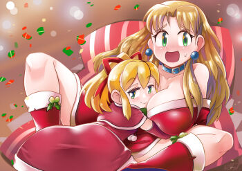 2girls :d belt_collar bent_over blue_collar blush breasts christmas cleavage closed_mouth collar collarbone dress earrings elbow_gloves fur-trimmed_dress fur-trimmed_footwear fur_trim furrowed_brow gloves hair_between_eyes hair_intakes hair_ribbon highres holly hug jewelry kalinka_cossack_(mega_man) large_breasts long_hair looking_at_viewer looking_back mega_man_(classic) mega_man_(series) multiple_girls nose_blush open_mouth pom_pom_(clothes) ponytail red_dress red_footwear red_gloves red_ribbon ribbon robojanai roll_(mega_man) santa_costume santa_dress short_dress short_hair sidelocks smile split_mouth