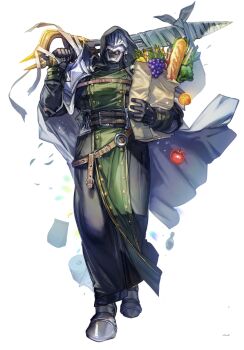 Rule 34 | 1boy, apple, armor, armored boots, astra ludger doomsday, bag, baguette, bandaged weapon, bandages, belt, belt buckle, black gloves, black pants, black shirt, boots, bottle, bread, broccoli, brown belt, buckle, cape, closed mouth, commentary request, food, fruit, full body, gloves, grapes, greatsword, grocery bag, hand up, helmet, holding, holding sword, holding weapon, hood, hood up, hooded shirt, it's my life (narita imomushi), jar, looking at viewer, male focus, multiple belts, narita imomushi, over shoulder, pants, paper bag, pelvic curtain, shirt, shopping bag, solo, spring onion, standing, sword, toilet paper, walking, weapon, weapon over shoulder, white background, white cape