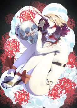 Rule 34 | 1girl, barefoot, blood, blood from mouth, bright pupils, commentary, eric ueda, fate/grand order, fate (series), flower, highres, holding, holding skull, horns, looking at viewer, nail polish, pale skin, petite, purple hair, red eyes, revealing clothes, short hair, shuten douji (fate), skin-covered horns, skull, solo, spider lily, toenail polish, toenails, toes, white pupils