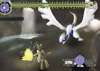 Rule 34 | 1girl, battle, capcom, cave, electricity, empty eyes, female focus, gen 1 pokemon, gen 2 pokemon, hammer, legendary pokemon, lugia, mitsuru (madeinore), monster hunter (series), nintendo, parody, pikachu, pokemon, pokemon (creature)