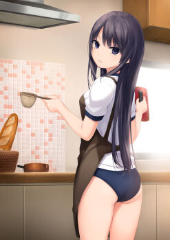 1girl apron ass bare_legs basket black_hair bread buruma cabinet closed_mouth coffee-kizoku coffee_pot commentary_request female_focus food gym_shirt gym_uniform highres holding indoors kitchen long_hair looking_at_viewer looking_back original purple_eyes shiramine_rika shirt short_sleeves solo thighs underwear white_shirt window