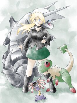 1girl aggron artist_self-insert black_boots black_choker black_shirt blonde_hair blue_eyes boots breloom choker closed_mouth full_body gen_3_pokemon greatmothsucks green_skirt hand_on_own_hip highres lileep long_hair looking_at_viewer nintendo original pokemon pokemon_(creature) shirt skirt standing